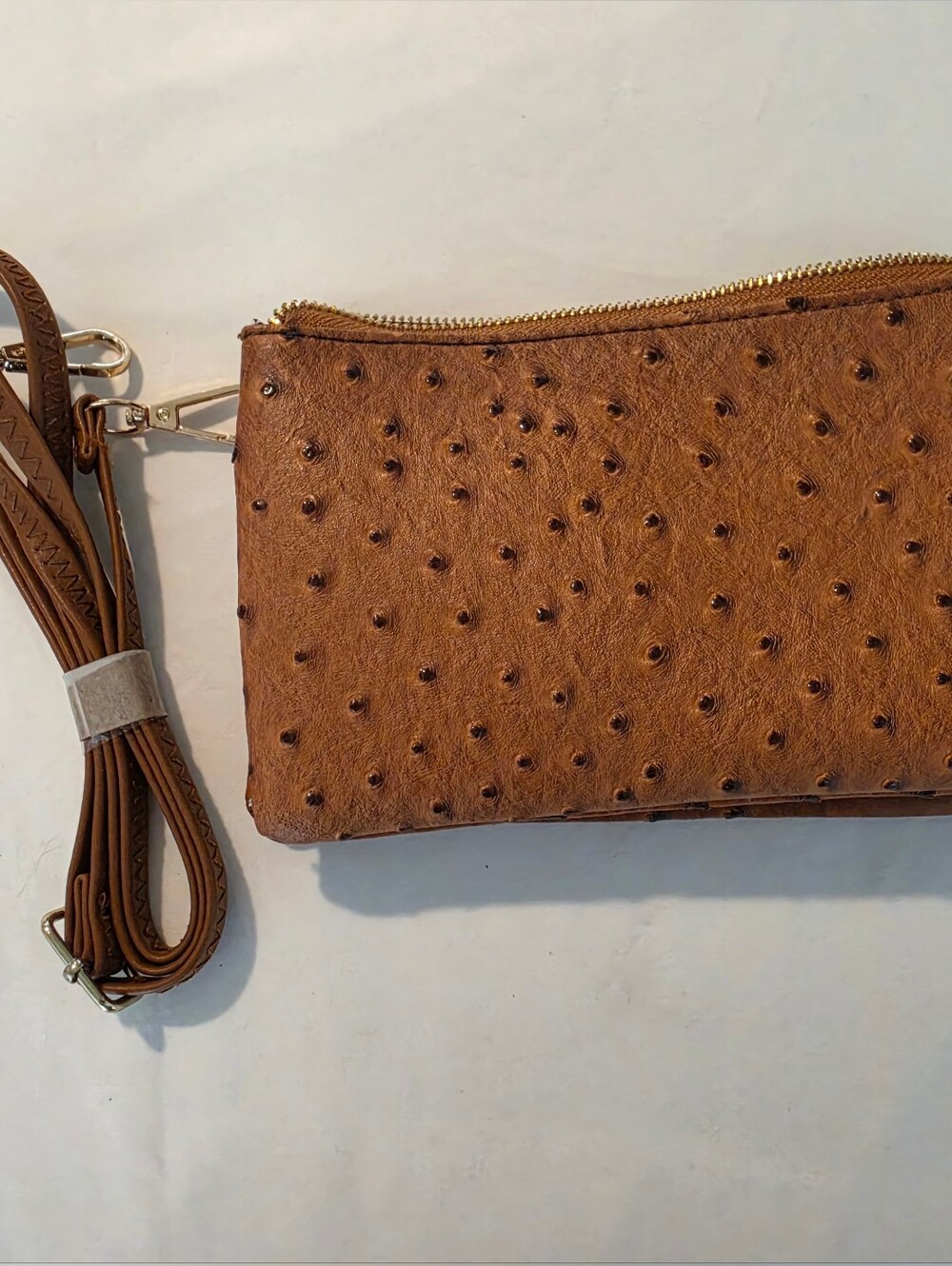 NWT Accessherize Cognac Ostrich Embossed Crossbody Wristlet Wallet